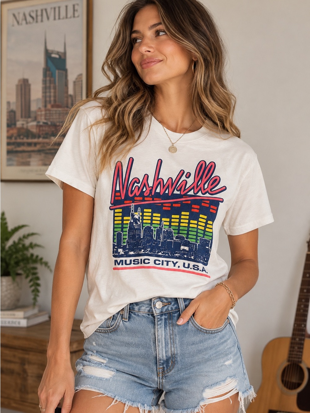 Junk Food Clothing White Nashville Music City Graphic Tee